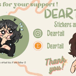 Peut inclure: Graphique promotionnel pour les autocollants et l'art DEARTAIL. La conception pr&eacute;sente des illustrations de dessins anim&eacute;s d'une personne avec des lunettes et du texte qui dit "Merci pour votre soutien !" et "Merci !" Les r&eacute;seaux sociaux sont &eacute;galement inclus.