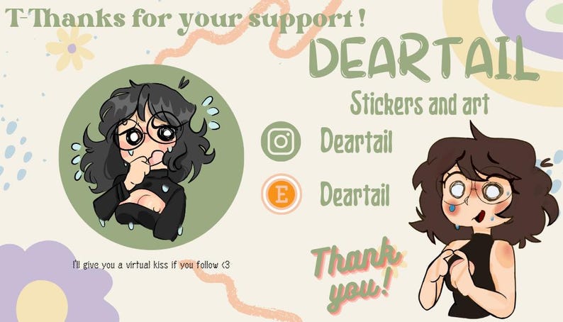 Peut inclure: Graphique promotionnel pour les autocollants et l'art DEARTAIL. La conception pr&eacute;sente des illustrations de dessins anim&eacute;s d'une personne avec des lunettes et du texte qui dit "Merci pour votre soutien !" et "Merci !" Les r&eacute;seaux sociaux sont &eacute;galement inclus.