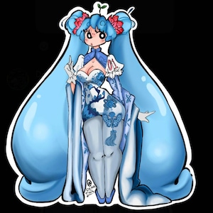 May include: A digital illustration of a female anime-style character with long, flowing blue hair and a matching dress. The dress features a blue and white floral pattern. The character has red flower hair accessories and is set against a black background.
