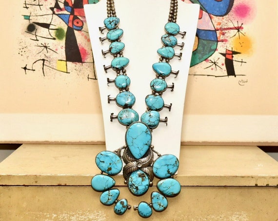 HUGE Native American Turquoise Squash Blossom Necklace, Vintage Old Pawn Jewelry, Navajo Pearls, Natural Blue Turquoise, 32" L