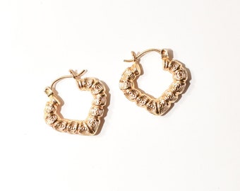 14K Textured Heart-Shaped Hoops In Yellow Gold, Cute Small Gold V-Shaped Earrings, Valentines Day Gift