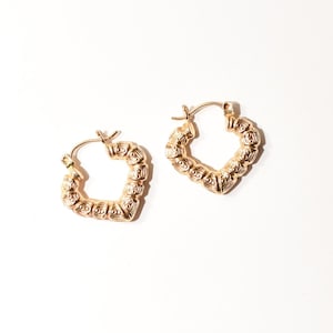 14K Textured Heart-Shaped Hoops In Yellow Gold, Cute Small Gold V-Shaped Earrings, Valentines Day Gift image 1