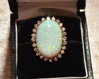Estate 14K Australian Opal Diamond Halo Cocktail Ring, Huge 15.00 CT Opal Cabochon, 7 US