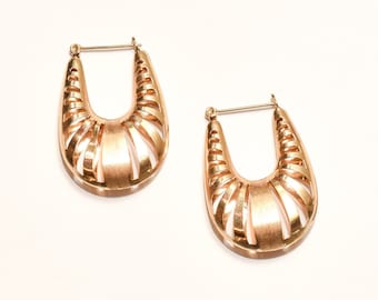 Modernist 14K Yellow Gold Cutout Hoops, Puffed U-Shaped Hoop Earrings, Valentines Day Gift, 3.5cm