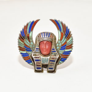 Egyptian Revival Enamel Brooch Pin, Colorful Winged Pharaoh Pin, Vintage Jewelry, 1.25 image 1