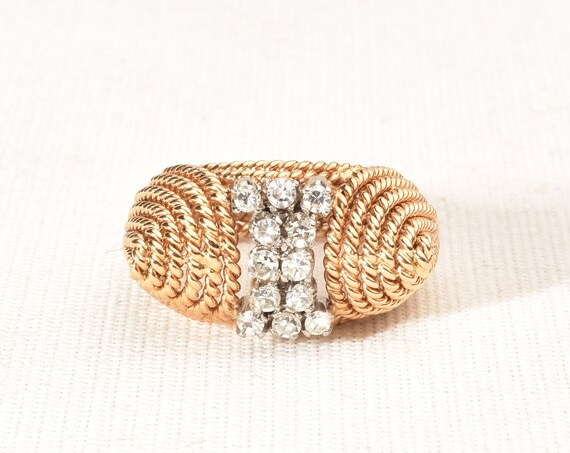 Modernist 18K Diamond Cluster Cocktail Ring, Woven Yellow Gold Dome Ring, Estate Jewelry, 5 1/4 US