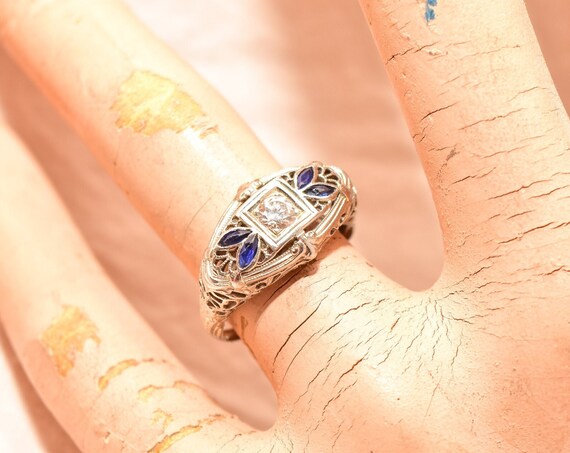 Art Deco Diamond Sapphire Filigree Engagement Ring In 18K White Gold, Estate Jewelry, Size 6 US