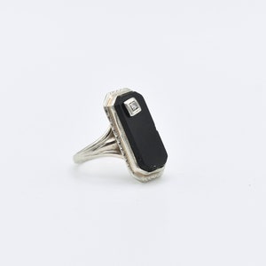 Art Deco 10K White Gold Black Onyx Diamond Ring, Etched Setting, Offset Stone, Estate Jewelry, 4 3/4 US image 1