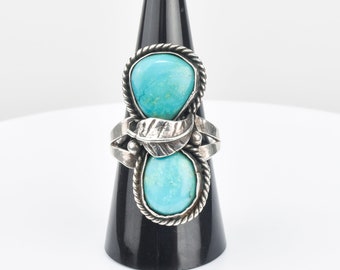 Navajo Two-Stone Turquoise Ring In Sterling Silver, Native American Jewelry, Size 10 1/2 US