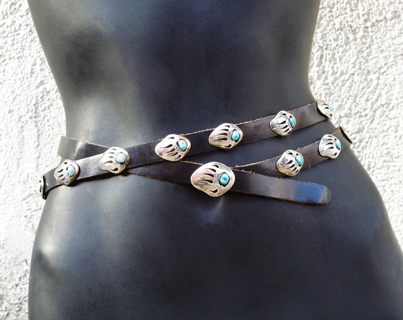 Native American MB Sterling Silver Turquoise Bear Paw Concho Leather Belt, Silver Cut Out Bear Claw With Bezeled Turquoise, Old Pawn Jewelry