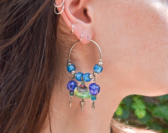 Chunky Beaded Hoop Earrings, Medium Sterling Silver Huggie Hoops, Colorful Blue/Purple Bead Charms, 7.5 cm L