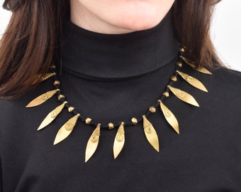 Dhokra Brass Leaf Necklace On Twisted Black Cotton Strand, Statement Necklace, Indian Jewelry, 18.25"