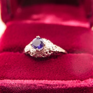Art Deco Solitaire Sapphire Filigree Engagement Ring In 14K White Gold, Diamond Accents, Promise Ring, 6 3/4 US image 7