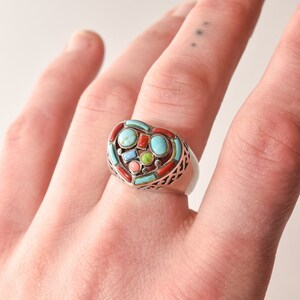 Multi-Stone Heart Ring In Sterling Silver, Turquoise, Coral, Gaspeite, Valentines Day Gift, 7 3/4 US image 1