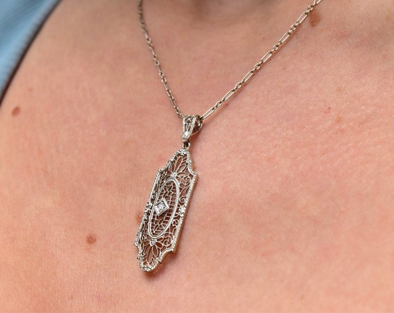 Art Deco 14K Filigree Diamond Pendant Necklace, White Gold Openwork Pendant, 1mm Oval Link Chain, 17" L