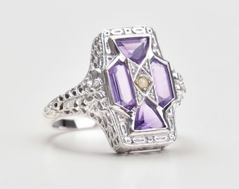 Art Deco 4-Stone Amethyst Seed Pearl Filigree Ring In 10K White Gold, Antique Dinner Ring, Size 6 3/4 US