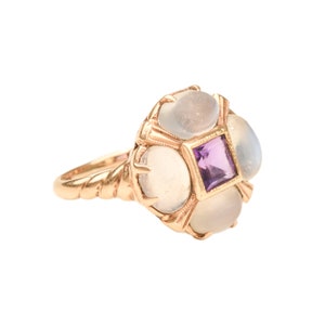 Moonstone Amethyst Flower Ring In 14K Yellow Gold, Estate Jewelry, Size 5 1/4 US image 3