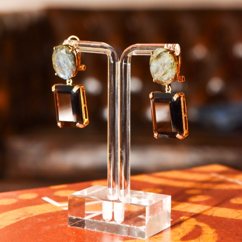 Labradorite & Smoky Quartz Dangle Earrings, Gilt Bronze/Sterling Silver Omega Backs, Gemstone Jewelry, 40mm image 4