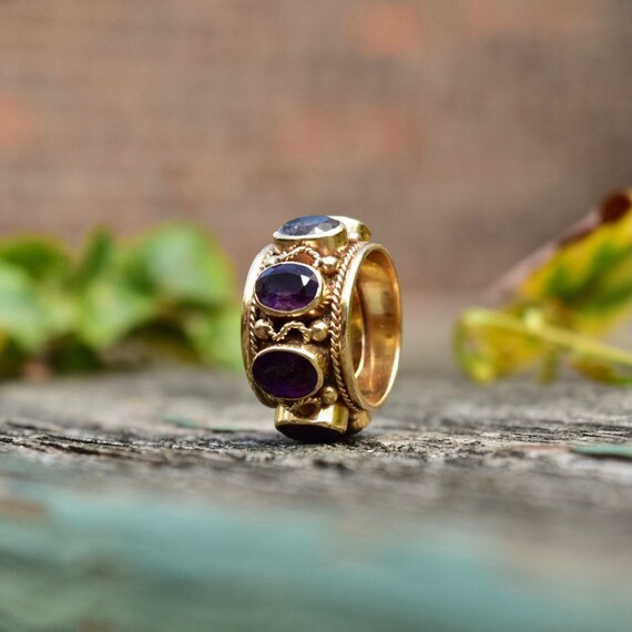 Etruscan-Style 14K Amethyst Cigar Band Ring, Wide Ornate Yellow Gold Bezel Set Band, Size 5 1/4- 6 1/4 US