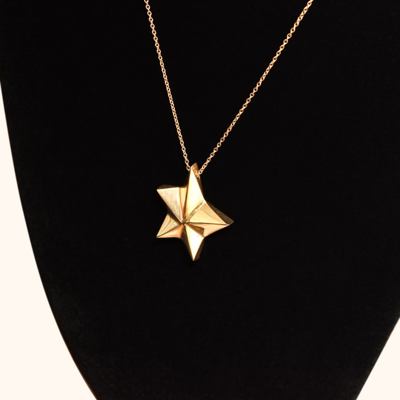 14K Gold Star Pendant Necklace, Asymmetric 5-Pointed Star, 1mm Cable Chain, Christmas Gift, 18.5 L image 4