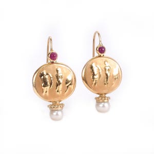 Vintage 14K Gold Etruscan Drop Earrings: Ruby, Pearl, Dancing Children Motif