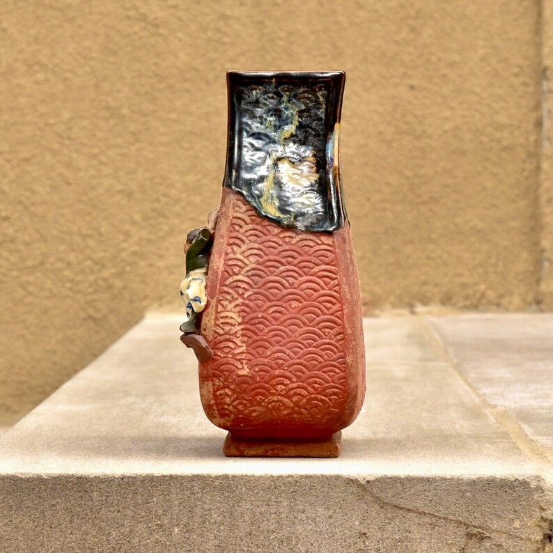 Sumida Gawa Japanese Pottery, Asakusa Pottery, Antique Hand-Carved Fish Scale, Glazed Ceramic Figural Vase, Mushroom Foraging Scene, 8.25 image 8