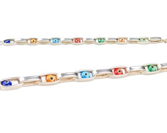 Modernist Evil Eye Bracelet In Sterling Silver, Colorful Glass Beads, Hollow Oval Link Chain, 8" L