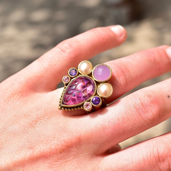 Modernist Gaudy Two-Tone Ring with Pearls and Pink and Purple Gemstones, Overstated Bronze and Silver Detailing, Costume Jewelry, 7 US