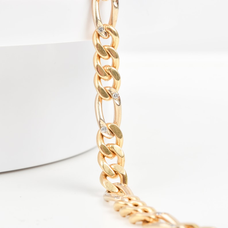 Solid 18K Diamond Figaro Bracelet In Yellow Gold, Modernist Gold Link Bracelet, Estate Jewelry, 7 L image 3