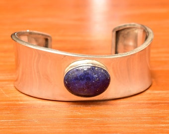 Robert & Noreen Kelly Sterling Silver Lapis Lazuli Cuff Bracelet, Modernist Navajo Asymmetric 925 Cuff, 5 3/4"