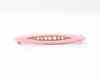 Antique 14K Pink Enamel Seed Pearl Diaper Pin, Mini Gold Bar Pin, Edwardian Art Deco Jewelry, 2.5cm