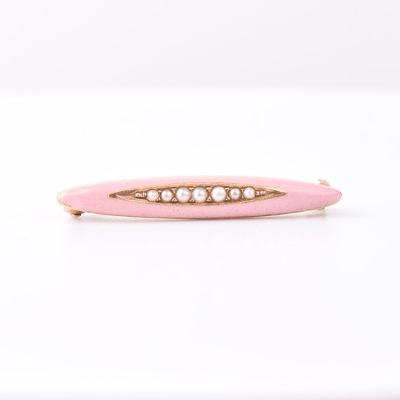 Antique 14K Pink Enamel Seed Pearl Diaper Pin, Mi… - image 1