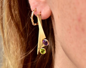 Modernist 14K Gold Slice Amethyst & Peridot Drop Earrings, Yellow Gold Swivel Earrings, Estate Jewelry, 41mm