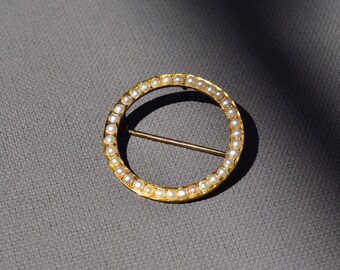 Antique 10K Seed Pearl Circle Pin, Pearl Pave Open Circle Brooch, Scarf/Sash/Lapel Pin, 32mm