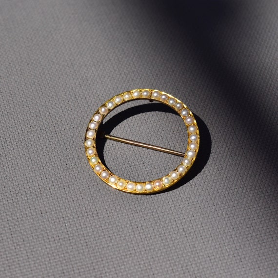 Antique 10K Seed Pearl Circle Pin, Pearl Pave Open