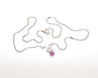 Italian 14K White Gold Pink Sapphire Diamond Pendant Necklace, 2mm Box Chain, Estate Jewelry, 18.5" L