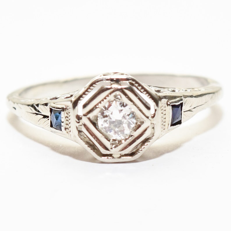 Antique 14K Diamond Sapphire Filigree Engagement Ring, Old-Mine Cut, Floral Motifs, Estate Jewelry, 5 3/4 US image 5