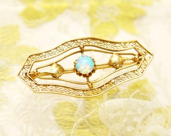 Antique 14K Opal Filigree Bar Pin, Ladies Yellow Gold Brooch, Floral Motifs, Open Work Designs, Art Nouveau, 40mm