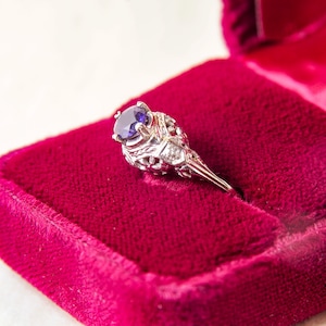 Art Deco Solitaire Sapphire Filigree Engagement Ring In 14K White Gold, Diamond Accents, Promise Ring, 6 3/4 US image 5