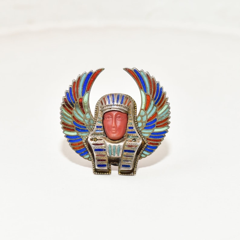 Egyptian Revival Enamel Brooch Pin, Colorful Winged Pharaoh Pin, Vintage Jewelry, 1.25 image 1