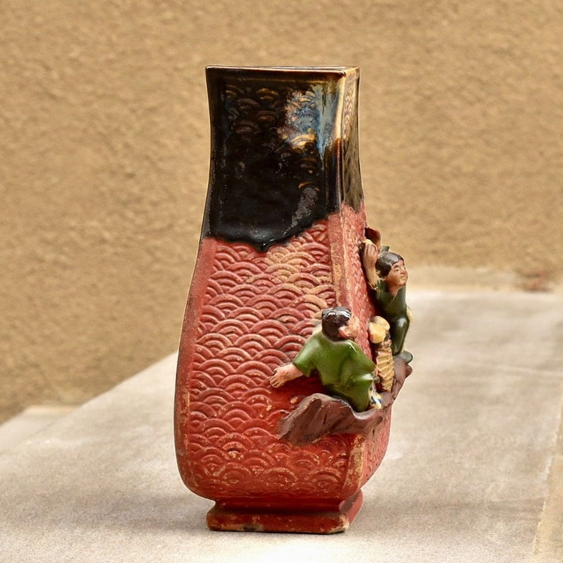 Sumida Gawa Japanese Pottery, Asakusa Pottery, Antique Hand-Carved Fish Scale, Glazed Ceramic Figural Vase, Mushroom Foraging Scene, 8.25 image 3