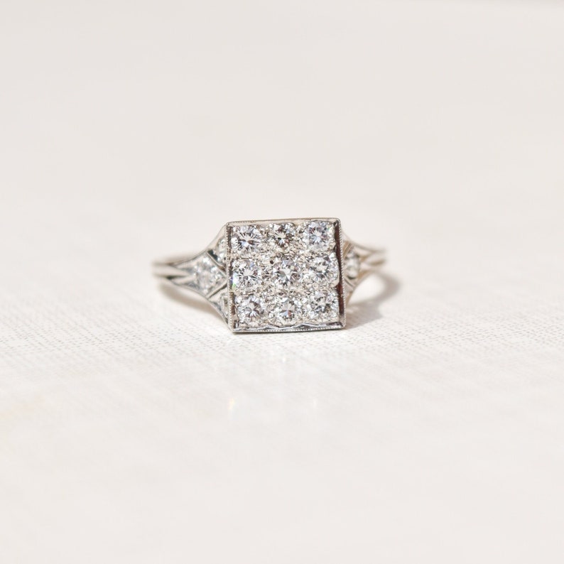 Edwardian Revival Platinum Diamond Grid Ring, .36 TCW, Square Cluster Ring, Estate Jewelry, Size 7 US - Good's Vintage