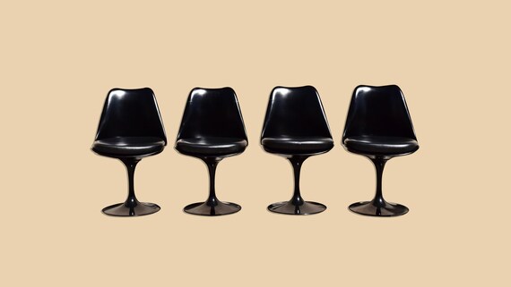 Original Italian-Made Saarinen Tulip Chair Set Of 4, Vintage Knoll Studios Armless Swivel Tulip Chairs In All Black