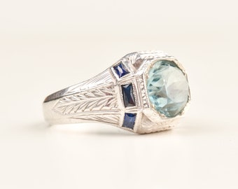 Men's 14K White Gold Aquamarine Sapphire Ring, Mid-Century, Estate Jewelry, Size 7 1/2 US