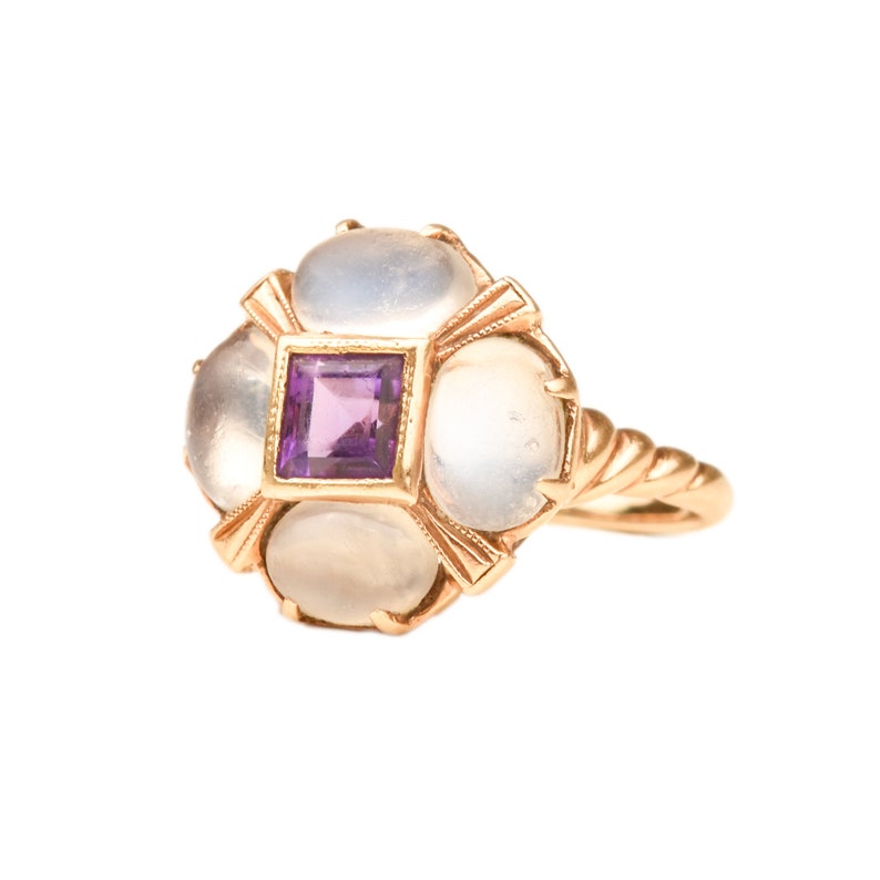 Moonstone Amethyst Flower Ring In 14K Yellow Gold, Estate Jewelry, Size 5 1/4 US image 2