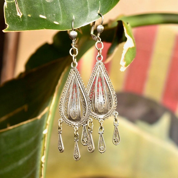 Sterling Silver Filigree Chandelier w/ Crystal Accents Earrings Sterling Silver Filigree Chandelier w/ Crystal Accents Earrings