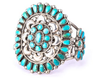 Vintage 1940s Doris Ondelacy Massive Zuni Sterling Silver and Turquoise Cuff Bracelet, 6in