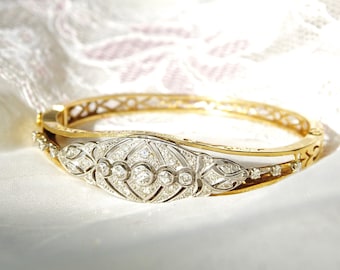 Edwardian Diamond Cluster Bangle Bracelet In 14K & Platinum, Ornate Two-Tone Closed Cuff Bracelet, 6 1/4&quot;