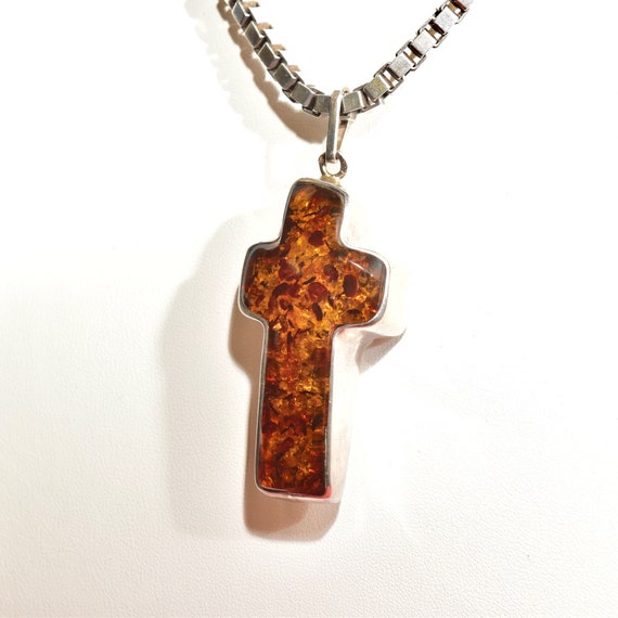 Vintage Large Sterling Silver Amber Cross Pendant, Incredible Inclusions, Fossilized Tree Resin, Modernist 925 Setting, 2 7/8” L