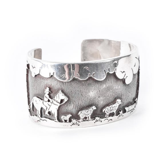 Vintage Ken Peshlakai Navajo Sterling Silver Story Teller Bracelet, 6in